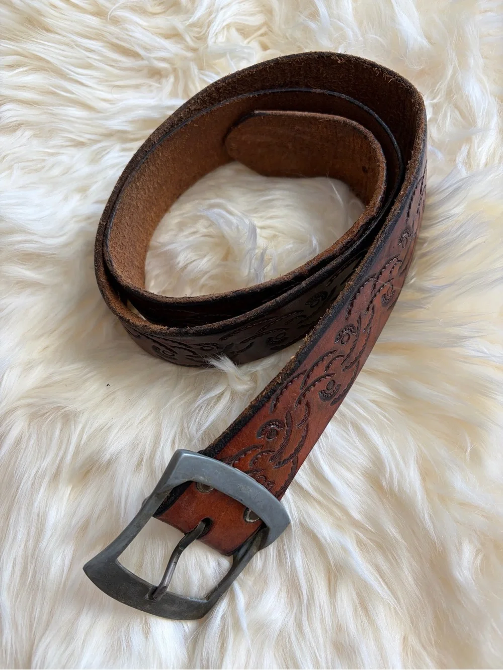 Vintage Hand Tooled Brown Embossed Leather Belt - Classic Western Style